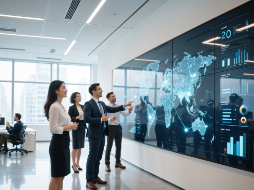 Professional corporate mobility team in modern office environment with digital displays showing travel data and maps